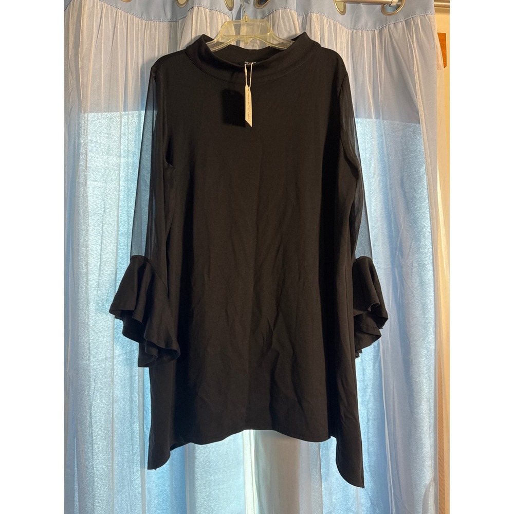 Ador Tunic Top Womens 2XL Black New Ruffle Mesh Sleeve Mock Neck Sharkbite‎ Hem